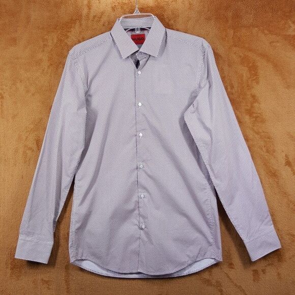 HUGO BOSS Shirt Mens 15 38 Red White Geo Print Button Up Slim Fit KOEY $128 - Picture 1 of 10